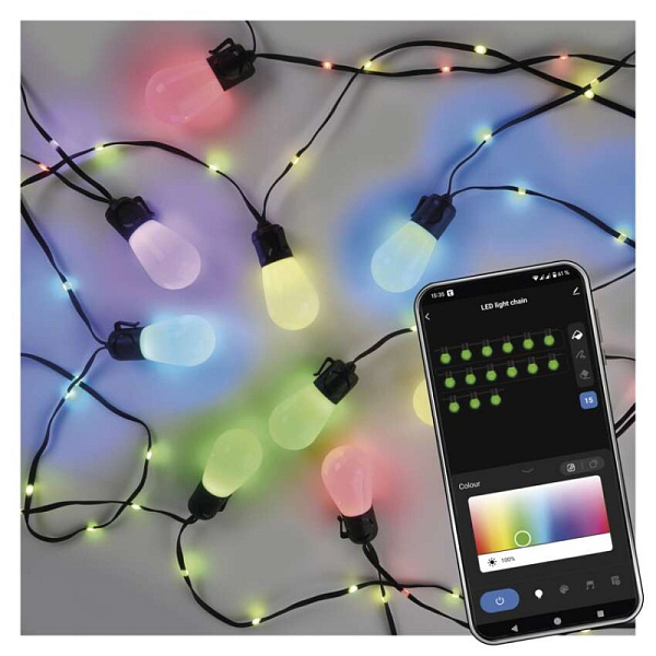 EMOS GoSmart LED světelný řetěz – 15× párty žárovky, 15 m, venkovní i vnitřní, RGBIC WiFi