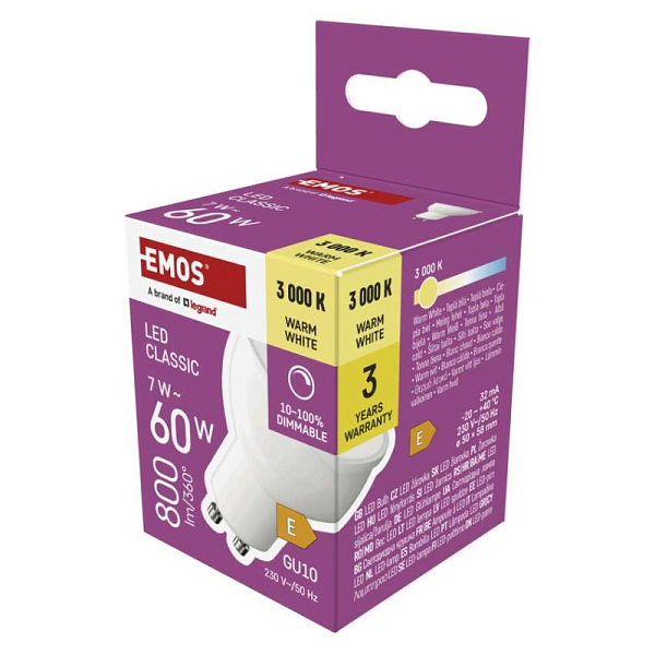 EMOS LED žárovka Classic MR16 / GU10 / 7 W (60 W) / 800 lm / teplá bílá / stmívatelná