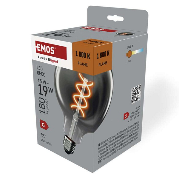 EMOS LED žárovka DECO SMOKED G125 / E27 / 4,5 W (19 W) / 180 lm / flame