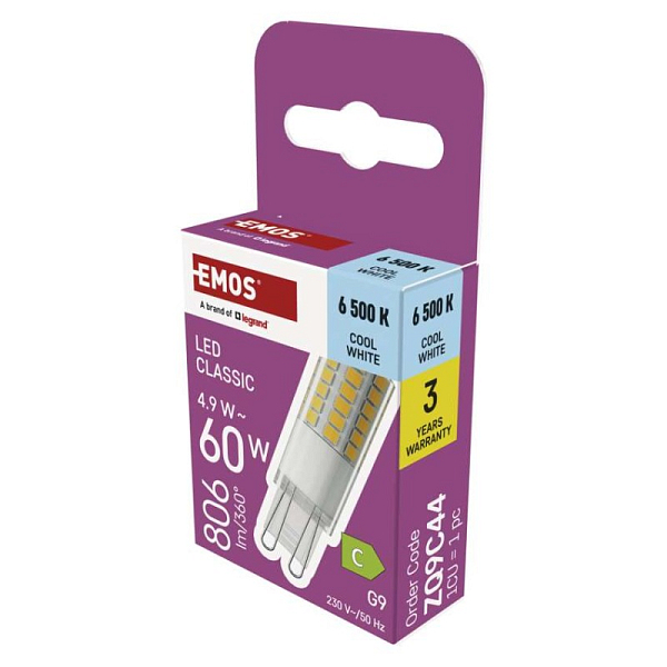 EMOS LED žárovka Classic JC / G9 / 4,9 W (60 W) / 806 lm / Studená bílá