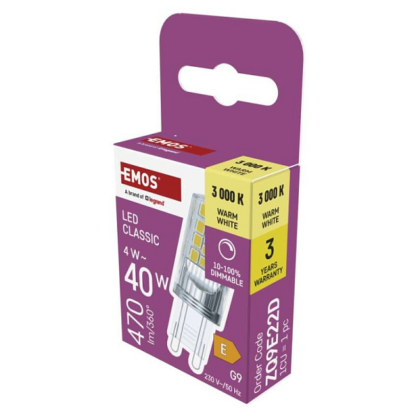 EMOS LED žárovka Classic JC / G9 / 4,2 W (40 W) / 470 lm / teplá bílá / stmívatelná