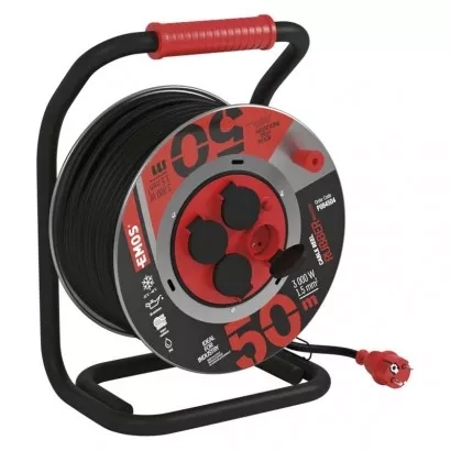 EMOS Venkovní prodlužovací kabel na bubnu 50 m / 4 zás. / černý / guma-neopren / 230V / 1,5 mm2