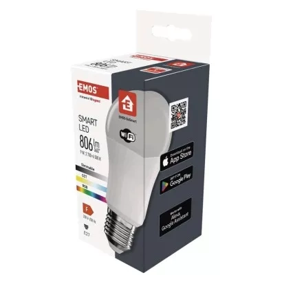 EMOS Chytrá LED žárovka GoSmart A60 / E27 / 9 W (60 W) / 806 lm / RGB / stmívatelná / WiFi